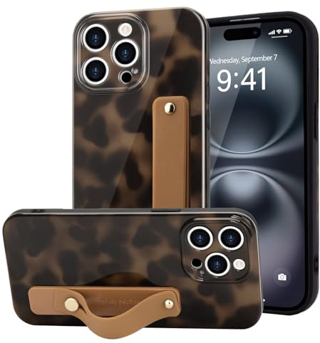 LAPOPNUT for iPhone 15 Pro Case Strap Leopard Tortoise Print, Yellow | Cheetah Amber Pattern Phone Cover, Adjustable Finger Wrist Stand Holer, Cute for Women Girls Men,TPU Bumper Shell, Protecion