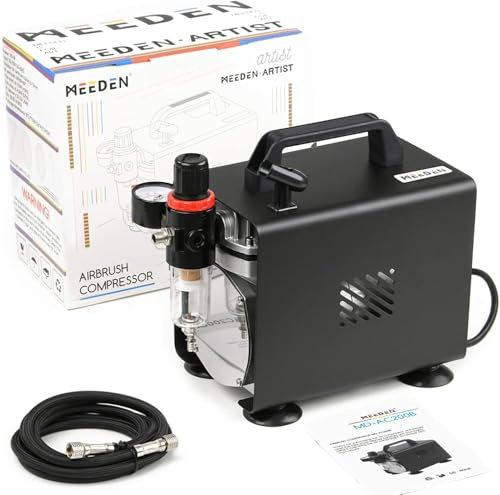 MEEDEN Airbrush Kompressor, 1/5 PS Einkolbenkompressor mit Auto Stop hermisch geschützt geringes Laufgeräusch 47 dB Regler Wasserfalle Halter 1/8 Luftschlauch für Modellbau, Tattoo & Graffiti