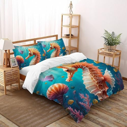 AutumnWinds Cavallo Marino Arancione Completo Letto Ragazzi Stampa Sea World - Microfibra Durevole, Ideale Per Studio E Relax Super King（260x220cm）