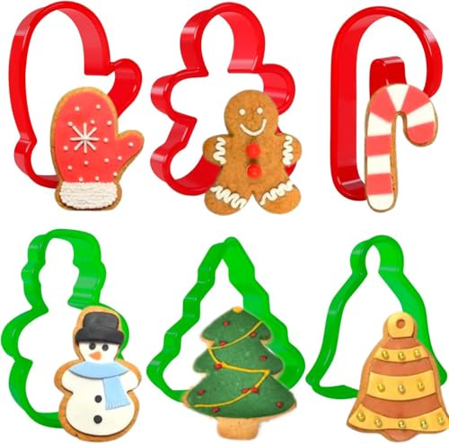 Lot de 6 emporte-pièces de Noël en plastique, bonhomme en pain d'épice, arbre de Noël, bonhomme de neige, sucre d'orge, gants, emporte-pièces en forme de cloche pour enfants.
