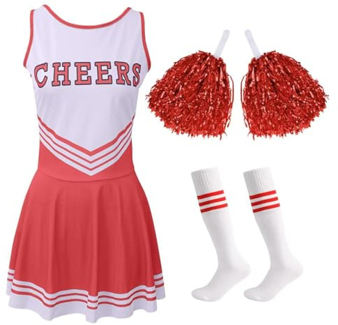 DAVBNM Cheerleader Costume, Cheerleader Fancy Dress Outfit, Fancy Dress High School Sleeveless Uniform, with Pom Poms and Socks, for Halloween Party