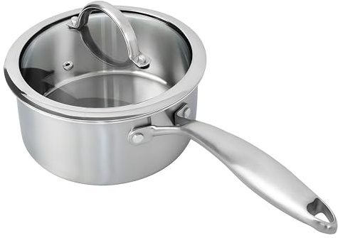 Stainless Steel Small Brushed Saucepan With Lid, Induction Cooking Sauce Pot Pans, 18/10 Tri-Ply Heavy Bottom Saucier Cookware, Dishwasher Safe & Oven Safe (1.5QT)