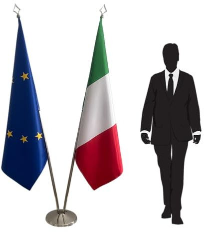 Bandiere ufficiali Italia e Unione Europea con paletti decorativi e piede robusto – set per ambasciate, consolati, istituzioni pubbliche ed eventi protocolari. Codice CN3-EU-IT-L