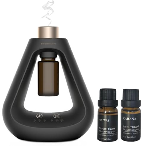 Brightscape Waterless Diffuser – Battery Operated Hotel Scent Diffuser – Portable, Cordless Aromatherapy for Home, Bathroom & Office – 300 Sq Ft Coverage, Includes 2x0.33 fl oz Fragrances