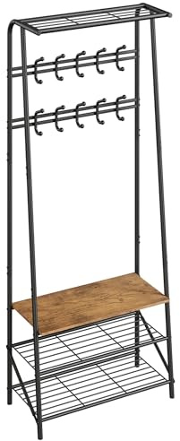 HAUSPROFI Garderobe Schmal, Beinhaltet Schuhregal und Hocker, Holz- und Metallrahmen, Doppelte Reihe mit 10 Haken, für Eingangsbereich und Flur, Schwarz, 64x29x180cm (LxBxH)