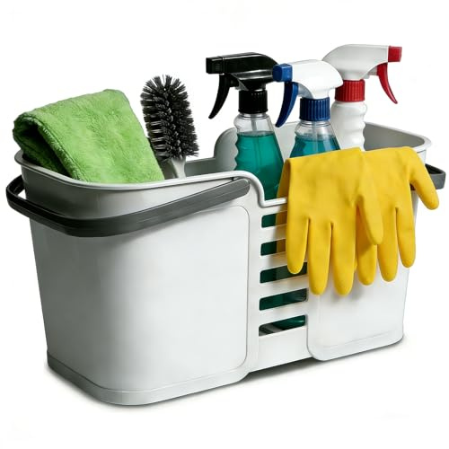 Punorric Cleaning Caddy, Drainage Holes Cleaning Products Organiser, Plastic Shower Caddy Organiser with Comfortable Handle for Home Kitchen Bathroom Garden Dorm Car, Grey