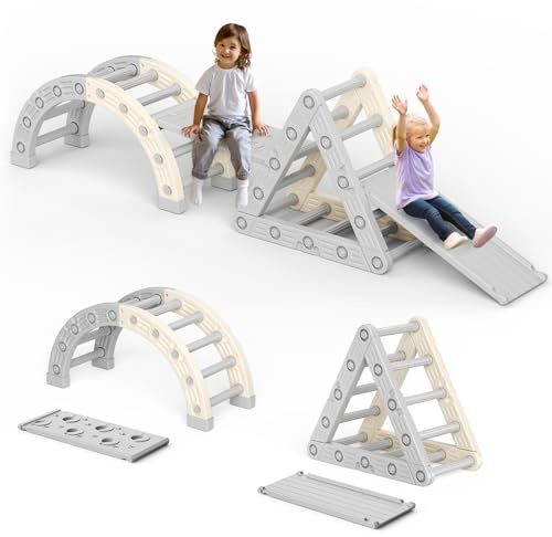 10 in1 Montessori Indoor Playset with Slide and Rocker,Plastic Indoor Climbing Frame for Toddlers,Montessori Climber Ladder Slide Learning Climbing Arch Toys（Beige gray）