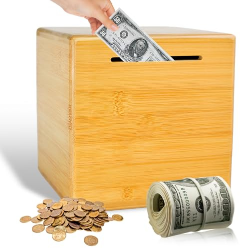 Tirelire en Bois, Boîte Fortune Box, Tirelire Adulte pour Billets pièces, Tirelires Bois, tirelires sans Ouverture pour Le Bureau ou la Maison (15x15 cm)