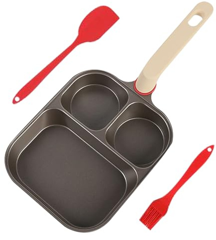 Fierudeng Non Stick Egg Frying Pan - 3-Cup Pancake Pan with Scraper and Oil Brush - Ergonomic Handle Egg Cooker for Breakfast Morning Meal Home Kitchen
