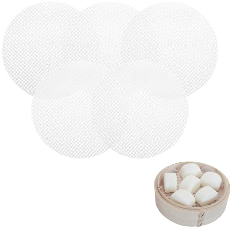 Whispern Cloud 5 Pack Silicone Steamer Mats, 8 Inch/20cm Non-Stick Steamer Liners, Food Grade Reusable Round Mesh Pads for Dumplings Buns Dim Sum Bamboo Steamer Cooking, White
