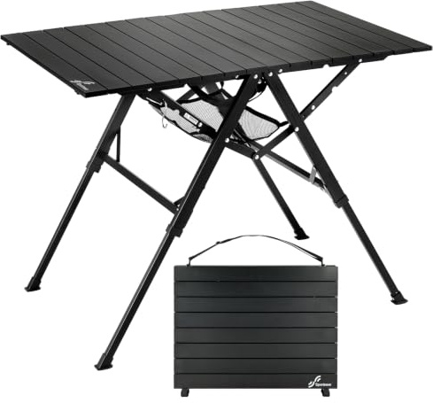 Sportneer Camping Table Folding Table, Bi-Fold Portable with Fast Open Design, Adjustable Height 16.5-27.6, 35.4x23.6 Lightweight Aluminum Tabletop, Handle & Shoulder Strap for Outdoor Picnic