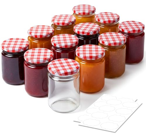 ComSaf Glass Jars 360ml 12 Pack, Round Jam Jars with Red Gingham Lids | Airtight Pickling Jar, Family-Size Marmalade, Chutney, Homemade Sauces, Preserving, Bulk Food storage, Labels included