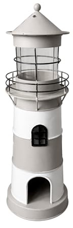Windlicht Leuchtturm, Eisen – farbige Streifen – Greige-weiß, 15x15x42 cm | lackierte maritime Laterne, Aussichtsturm – Kerzenhalter mit Glaszylinder – Wachturm, Leuchtfeuer, Signalmast – Seaside No.64