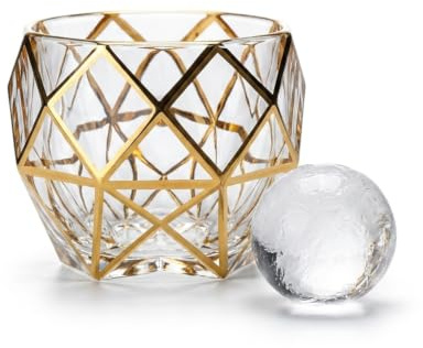 Yunmeryker Crystal Brandy Snifter with Gold Rim, Glass for Spirits Tast, 300ml Gilded Edge Stemmed Goblet, Clear with Gold Geometric Pattern (Type 5)