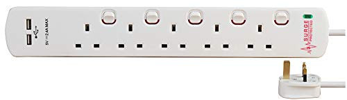 Pro Elec 8518SU SURGE 5 Gang 2 USB Surge Protected Extension Lead, 2m Length, White