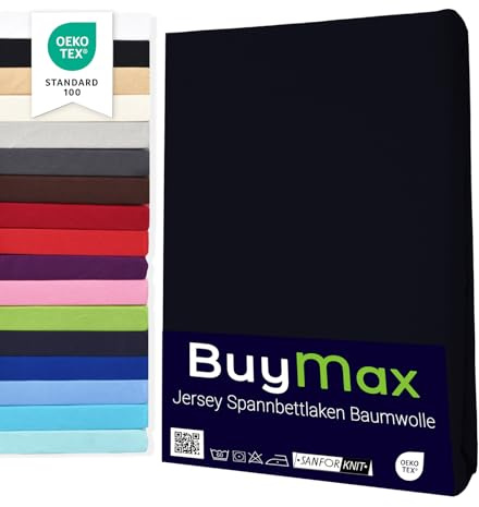 Buymax® Dra-på-lakan 120x200 cm – 100% bomull jersey, för madrasser upp till 25 cm, Svart