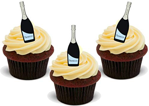 12 x Prosecco Champagne Bottles - Fun Novelty Birthday Premium Stand UP Edible Wafer Card Cake Toppers Decorations