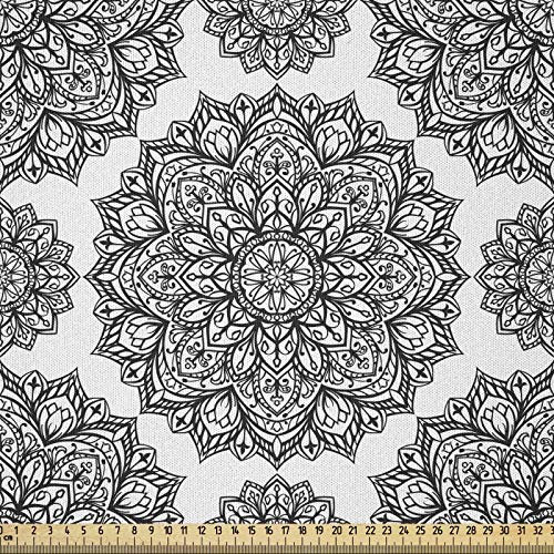 ABAKUHAUS Mandala Stoff als Meterware, Oriental Mandala-Entwurf, Microfaser Stoff für Dekoratives Basteln, 1M (148x100cm), Schwarz und Weiß