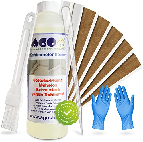 AGO Fugentape & 500ml Schimmelentferner mit Pinsel & Handschuhen/hochkonzentriertes Anti Schimmel Mittel Set 9tlg. / Schimmelentferner Fugen Dusche