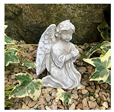 Radami Engel Grabengel oder Kreuz Gedenkstein Grabschmuck Grabdeko Trauerherz für Grabgesteck mit 2 Starren Drähten zum Befestigen oder in die Erde Stecken (Engel grau/weiß Draht)