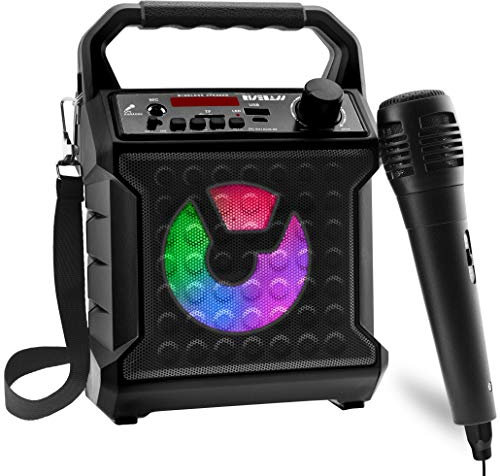 Risebass Altavoz Bluetooth portátil con juego de micrófono, máquina de karaoke para niños y adultos con luces de fiesta, juego de altavoces USB recargables con radio FM, tarjeta SD AUX, divertida idea