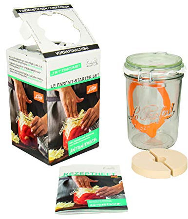 Le Parfait Drahtbügelglas 750 ml (inkl. Gummiring, Glas zum Fermentieren / Einmachen, Einmachglas mit Rezept-Heft) 44839