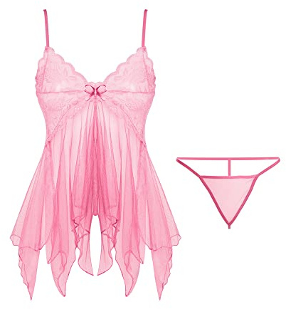 KOEMCY Lingerie Donna Pizzo Babydoll Asimmetrico Set Completo Intimo Abbigliamento Trasparente Elegante Camicia da Notte Completi Intimi Sexy con Perizoma