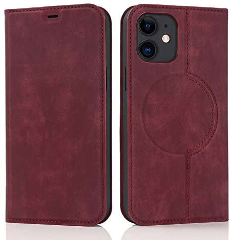 QLTYPRI Hülle für iPhone 12/iPhone 12 Pro Kompatibel mit MagSafe, Ledertasche Handyhülle [RFID Schutz] Flip Case mit Kartenhalter Ständer Magnet Klapphülle für iPhone 12/iPhone 12 Pro - Rotwein