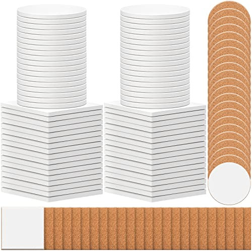 Zopeal 96 Pcs Ceramic Tiles for Crafts Coasters Include Unglazed White Ceramic Tiles with Cork Backing Pads Use with Alcohol Ink Acrylic Pouring for DIY Project Gift (Square,Round)