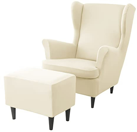 JHLD Stretch Husse für Ohrensessel Mit Ottomane Schonbezug | Spandex 3 Teilig Ohrensessel Überzug Mit Hockerbezug Beige B Mit elastischem Boden für Wohnzimmer Schlafzimmer