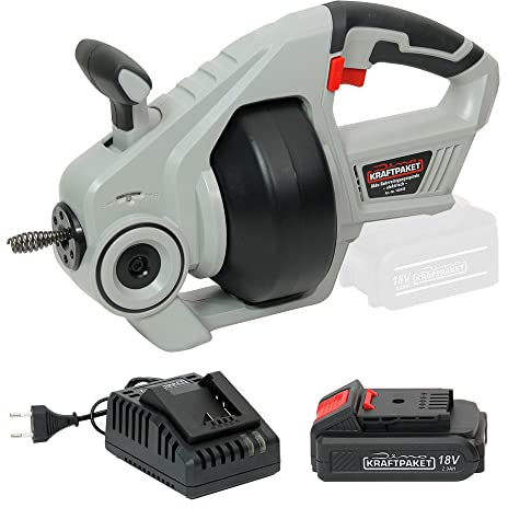 Dino KRAFTPAKET 18V-450W Akku Rohrreiniger elektrisch mit Rohrreinigungsspirale im Set mit 2Ah Akku und 2.5A Ladegerät Rohrreinigungsgerät geeignet für Rohrdurchmesser 19-76m