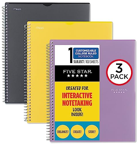 Five Star Quaderni interattivi a spirale, confezione da 3, 1 soggetto, carta a righe universitarie, 28 x 21 cm, 100 fogli, copertina personalizzabile, nero, viola ametista, giallo (820196-ECM)
