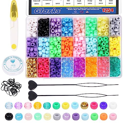 Glarks 1254 cuentas de pony de 24 colores con cuerda elástica, banda de goma, kit de cuentas rápidas y tijeras, cuentas de arco iris mate transparente perlado sólido para trenzas, pulseras,