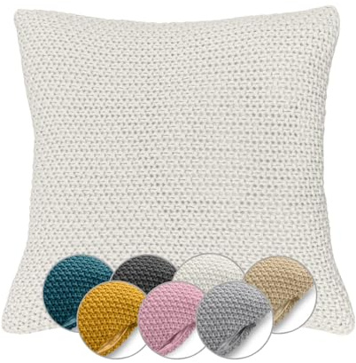 wometo Kissenbezug Strick 45x45 Oeko-TEX Reißverschluss weiß wollweiß | Sofakissen Dekokissen warme weiche Kissenhülle mit edlem und schlichtem Strickmuster