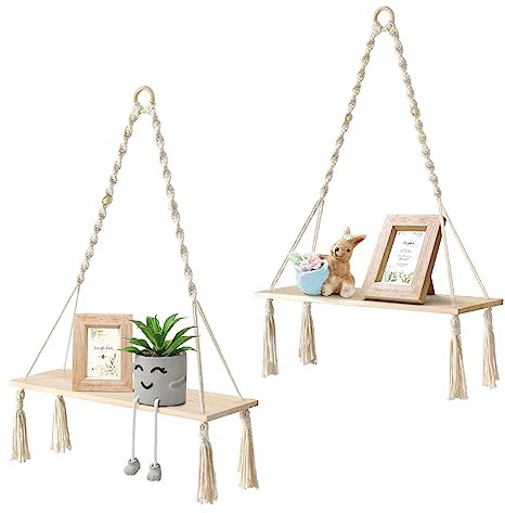 Betylifoy Wandregal Holz Regal Makramee Wandbehang Regal 2 Stück Hängen Pflanzer Makramee Schweberegale Chic Schwimmende Regale Pflanzen Halter Aufhänger Für Schlafzimmer Badezimmer Balkon