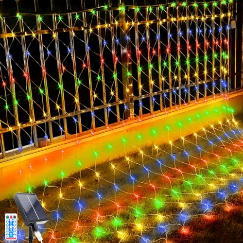 GHONLZIN Solar Lichterkette, 2x3m LED Lichternetz Lichterkette, 192 LEDs 8 Modi Weihnachtsbeleuchtung Außen Wasserdicht Lichternetz mit Fernbedienung Timer für Geburstag, Hochzeit (2 * 3M, Farblig)