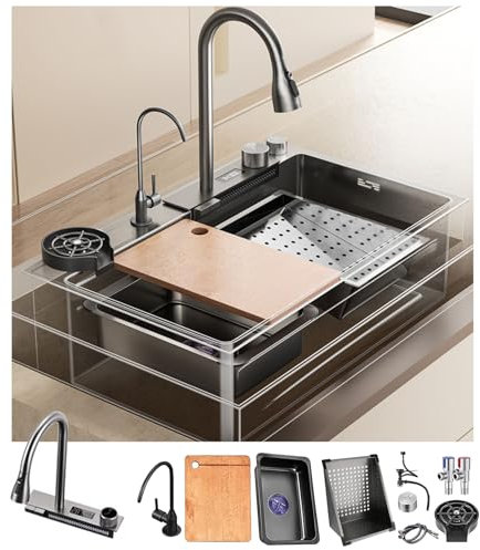 DSMRLEOP Lavello da cucina nero 304 in acciaio inox, Lavabo Sottopiano con display digitale multifunzionale, rubinetto estraibile e accessori per lavello