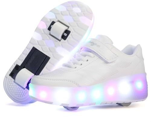 Scarpe Ragazza da Ragazzo con Ruote, 2 in 1 per Bambini, con rotelle, per Skateboard, Sneakers, Bianco, 33 EU