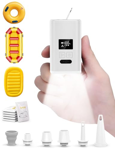 OMQ Portable Air Pump for Inflatables,Electric Air Mattress Pump with Camping Lantern & LED Display, Mini Air Pump 2X Quick Inflate Deflate for Pool Floats, Vacuum Storage Bags (White)