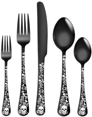 XIAOYU 5 Piece Skull Pattern Silverware Set, Stainless Steel Flatware Set, Gothic Unique Skeleton and Flower Pattern Design, Perfect for Halloween Easter and Christmas, Black