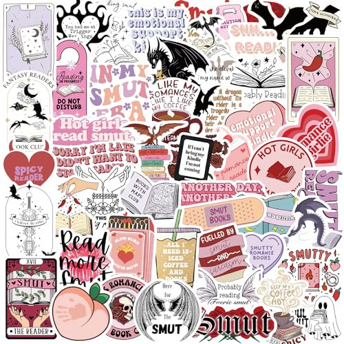 Bookish Smutty Stickers 52 Pcs Cute Funny Reading Stickers for Water Bottle Skateboard Laptop Scrapbook Helmet Bike Car Luggage Computer,Waterproof Aesthetic Book Sticker for Teens Adults