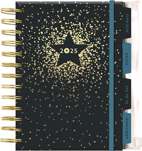 2025 Personal Organiser Navy & Gold Star Design A5 Diary With Dividers Week to View Planner