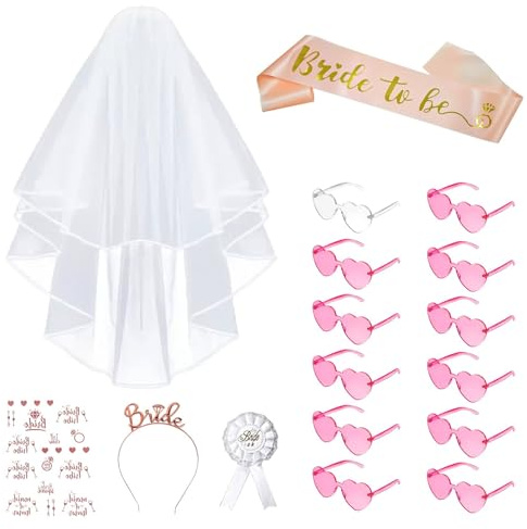 Gadget Addio Al Nubilato Sposa 17 Pezzi,Velo Sposa,Bride To Be Satin Sash,Sposa Spille,Occhiali Cuore Matrimonio,Addio Al Celibato E Nubilato Decorazione,Kit Addio Al Nubilato Sposa E Amich