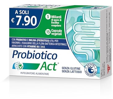 Probiotico Act, Integratore Alimentare con 5 Miliardi di Probiotici per l’Equilibrio della Flora Intestinale Senza Glutine e Lattosio - Confezione da 15 Capsule