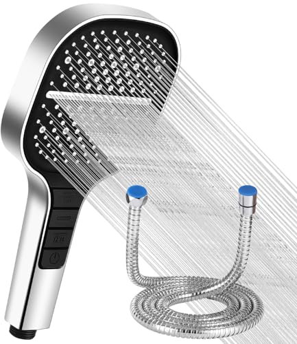 Soffione Doccia ad Alta Pressione, Doccia quadrata con Tubo 1,5 m, Grande Soffione Doccia Risparmio Idrico Universale Soffione per doccia, 7 Funzioni Getto, Quadrato Cromato