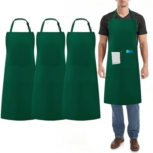 umboom 3 Pack Green Chef Apron, Adjustable Kitchen Apron with 3 Pockets for Men Women, Professional Work Apron for Catering Cooking Baking Cleaning, Server Hairstylist Apron (Polycotton - Green)