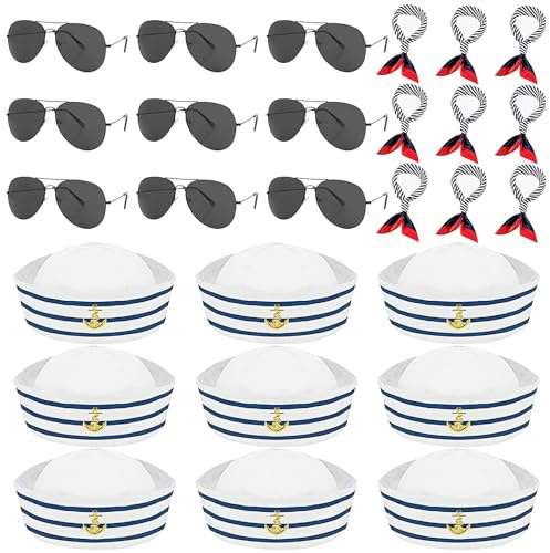 ASMIZ 27 Pcs Sailor Costume Accessories, White Captain Hat with Sunglasses | Scarf Included, Yacht Boat Hats for Men, Women, Cruise Theme Party, Fishing and Dressing Up Supplies