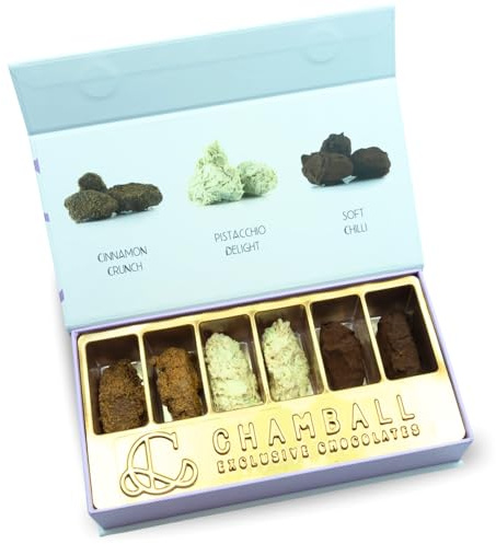 CHAMBALL GOURMET.- 6 Trufas. 2 de Pistacho, 2 de Chili y 2 de Cookies con canela.Ideal para Disfrutar y Regalar - Caja de Chocolates Belgas Artesanos -Surtido de Bombones Premium de Origen Belga