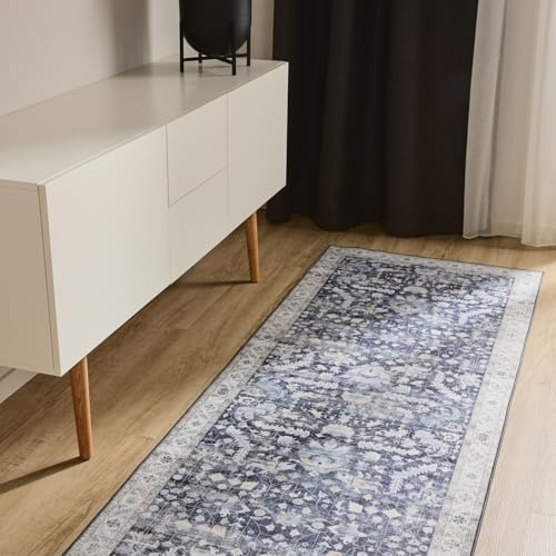 benuta Basic Waschbarer Teppich George - Blau 80x240 cm - Kunstfaser - Läufer & im Style: Vintage, Elegant, Retro - Pflegeleicht für Wohnzimmer Schlafzimmer Flur