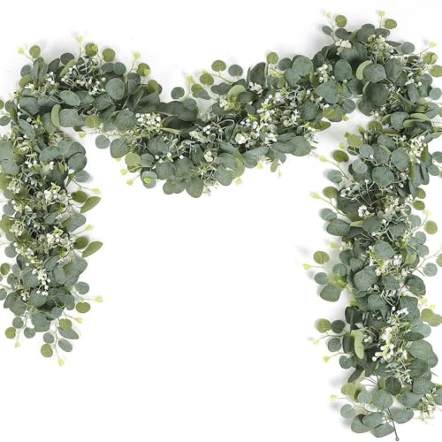 teokyat 2 Stück Eukalyptus Girlande - Künstliche Girlande mit Weißen Blumen, 1.8 m Hängend für Hochzeit, Tischdeko, Outdoor, Heimdekoration